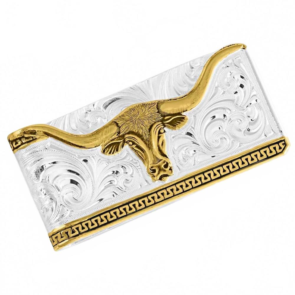 NEW MONTANA SILVERSMITHS two-tone carved longhorn money clip in silver and gold